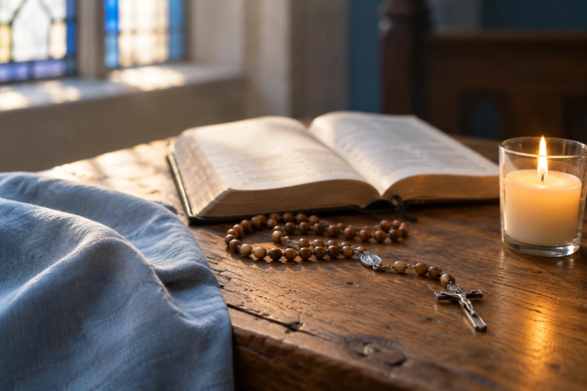 O Biblie deschisă, un rozariu cu crucifix și o lumânare, în lumina blândă a unei ferestre.